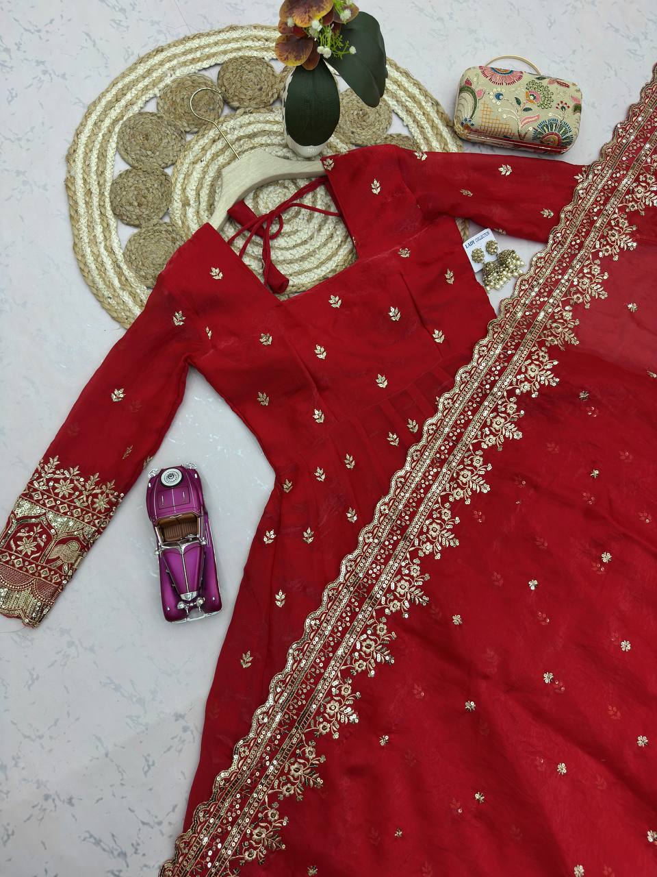 Red Designer Embroidered Gown Set with Dupatta & Pant | Party Wear