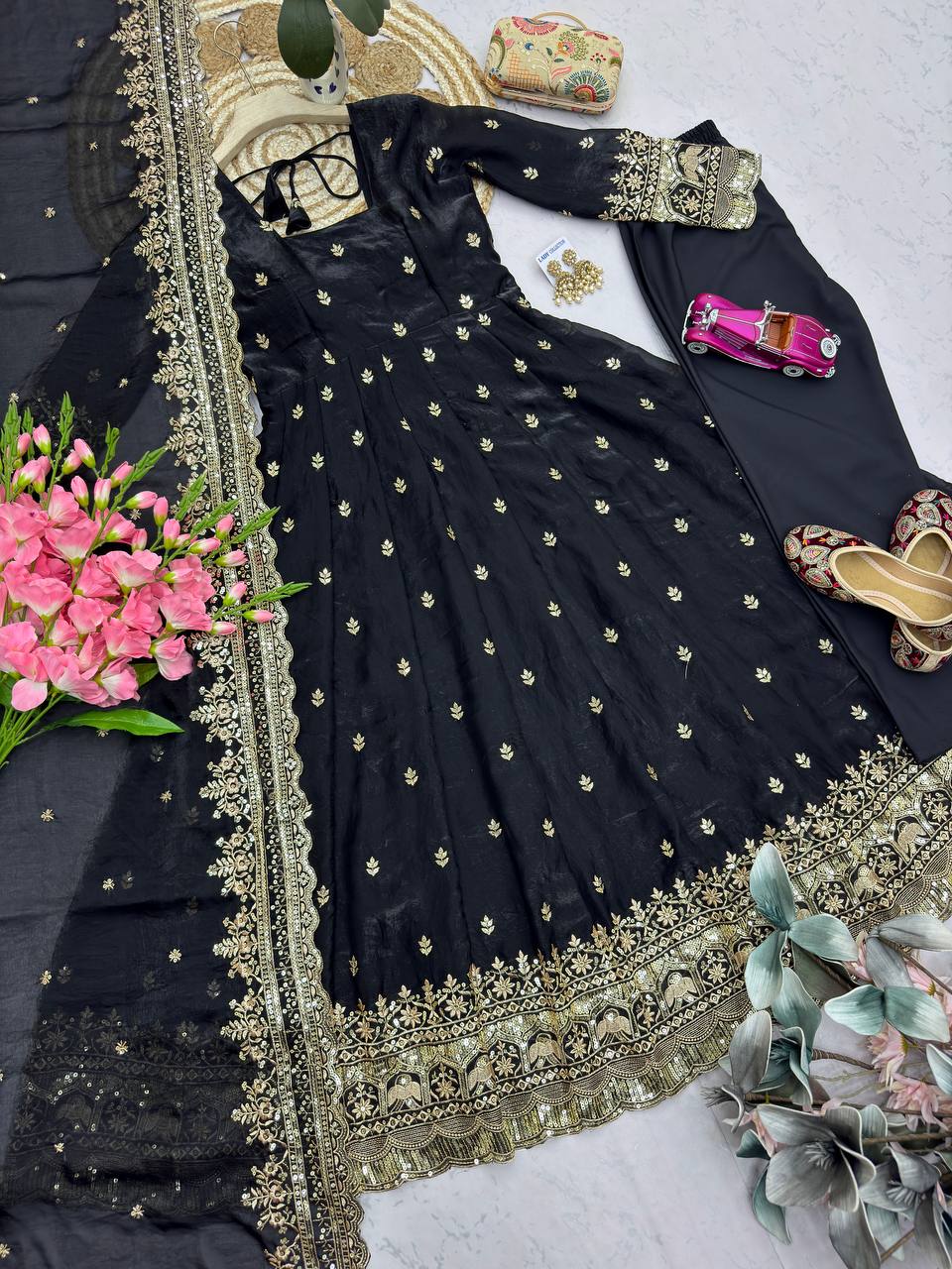 Black Designer Embroidered Gown Set with Dupatta & Pant | Party Wear