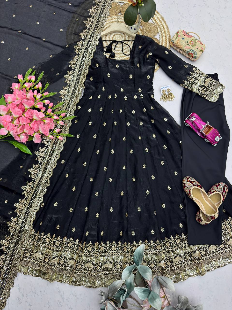Black Designer Embroidered Gown Set with Dupatta & Pant | Party Wear
