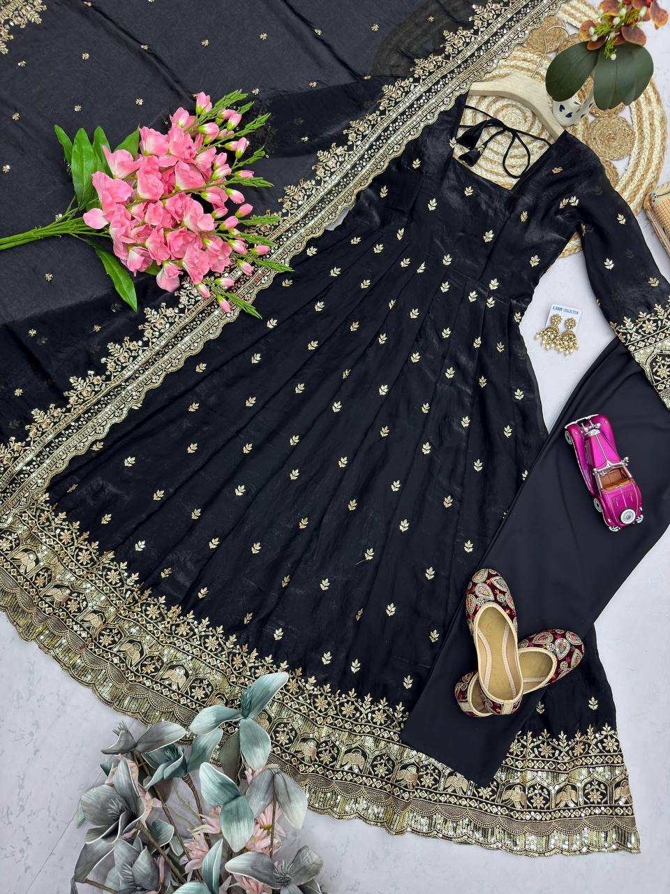 Black Designer Embroidered Gown Set with Dupatta & Pant | Party Wear