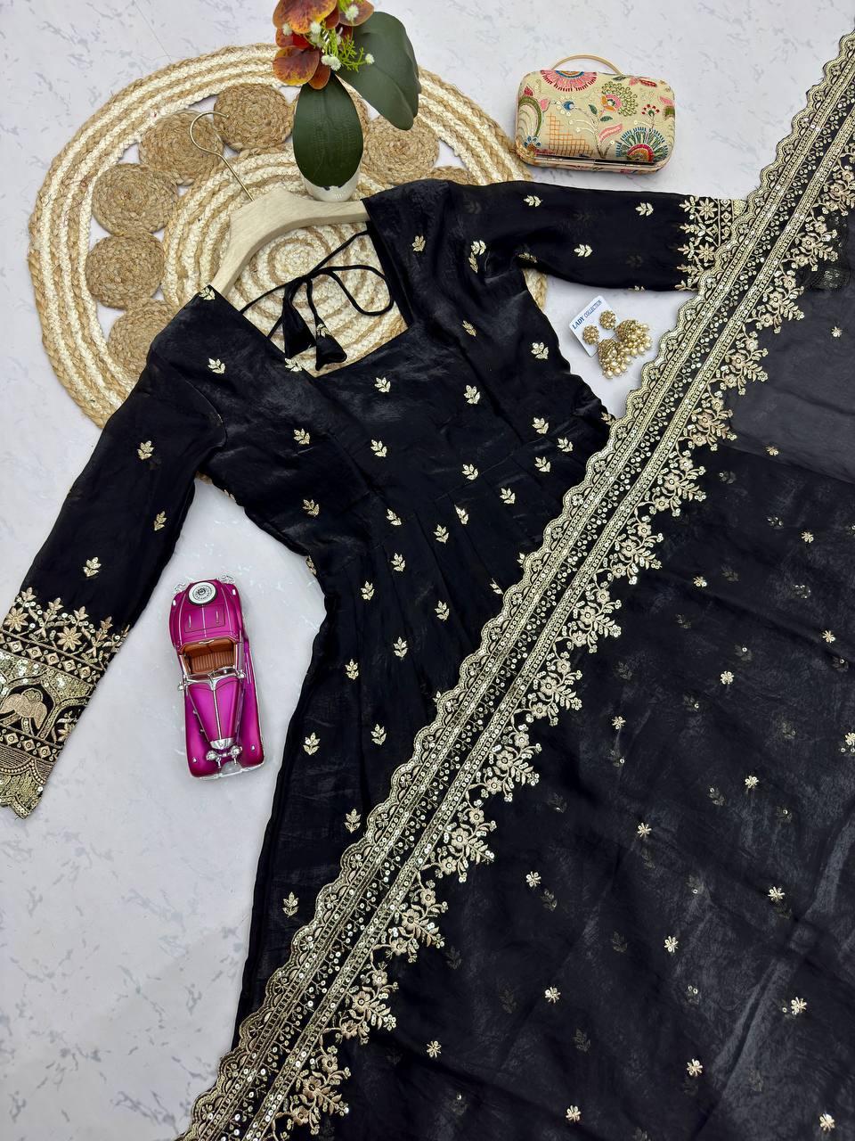 Black Designer Embroidered Gown Set with Dupatta & Pant | Party Wear