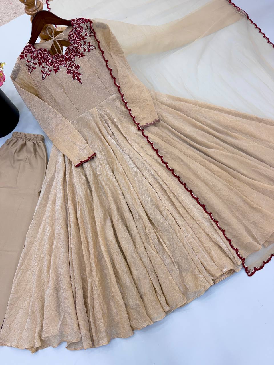 Ivory Beige Doremon Crush 7 Meter Flair Embroidered Anarkali Suit Set