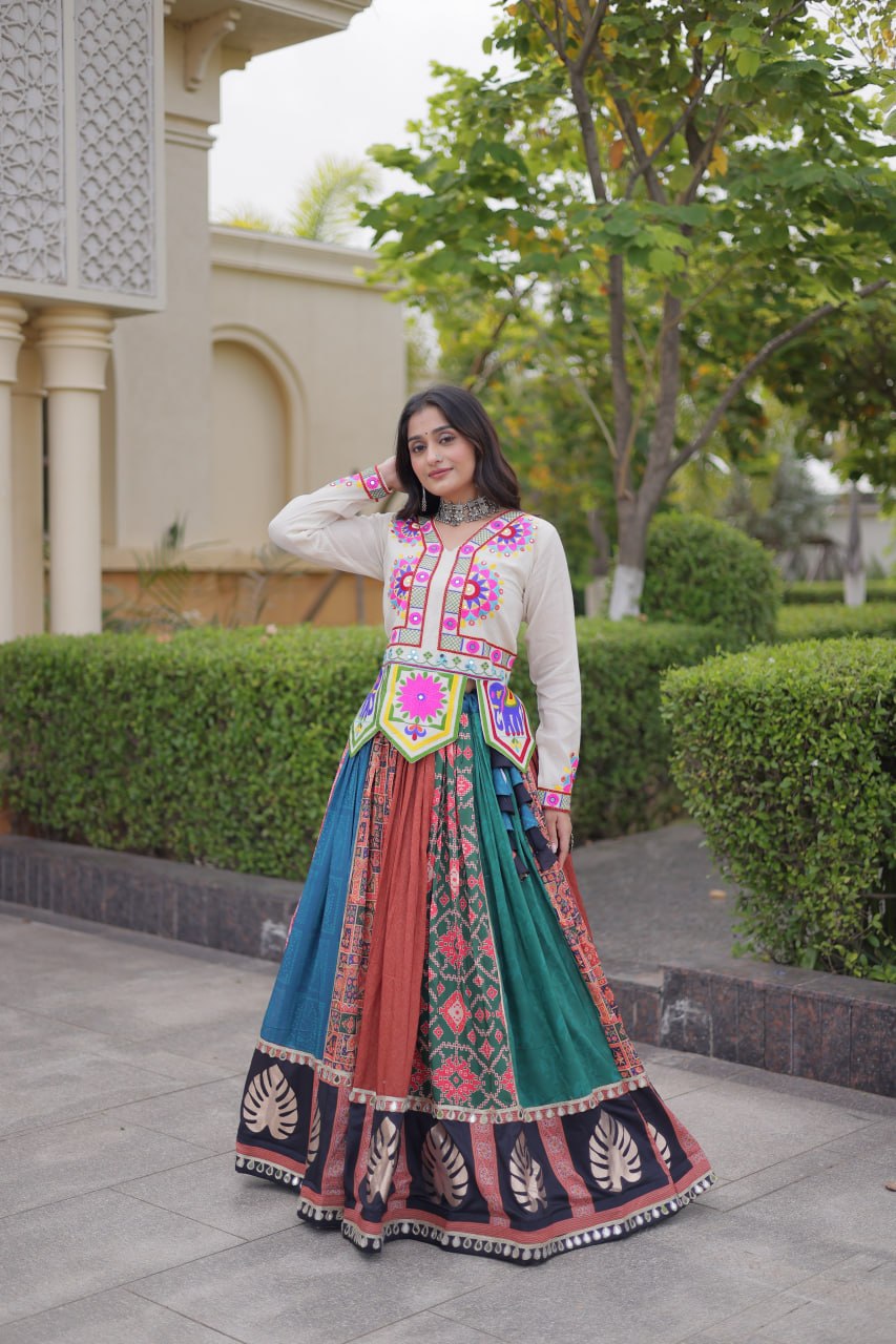 Multicolor Kutchi Gamthi Printed Lehenga Choli with Mirror & Gota Work