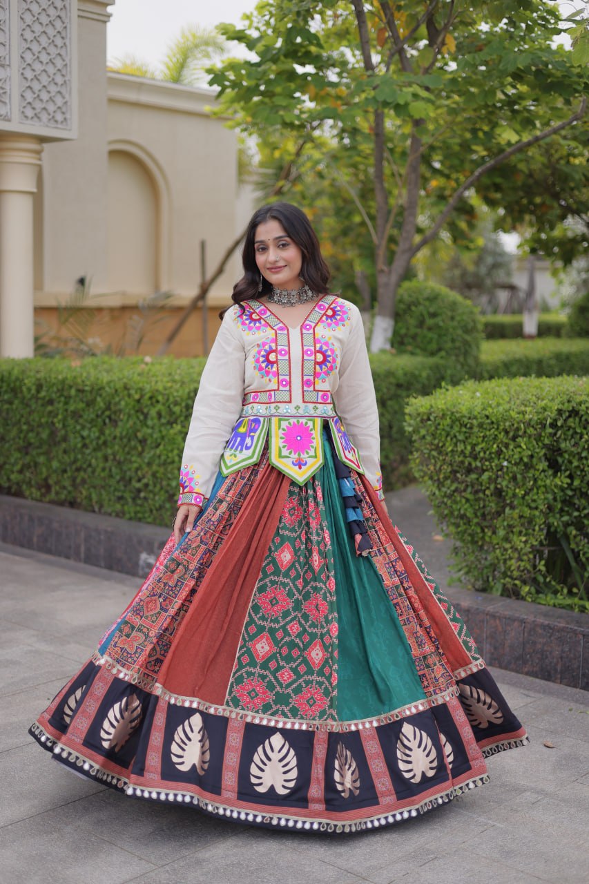 Multicolor Kutchi Gamthi Printed Lehenga Choli with Mirror & Gota Work