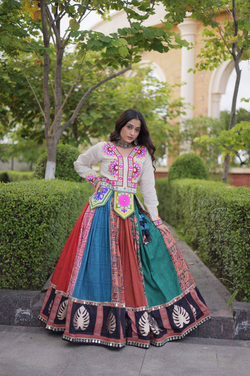 Multicolor Kutchi Gamthi Printed Lehenga Choli with Mirror & Gota Work