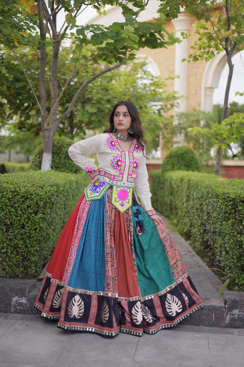 Multicolor Kutchi Gamthi Printed Lehenga Choli with Mirror & Gota Work