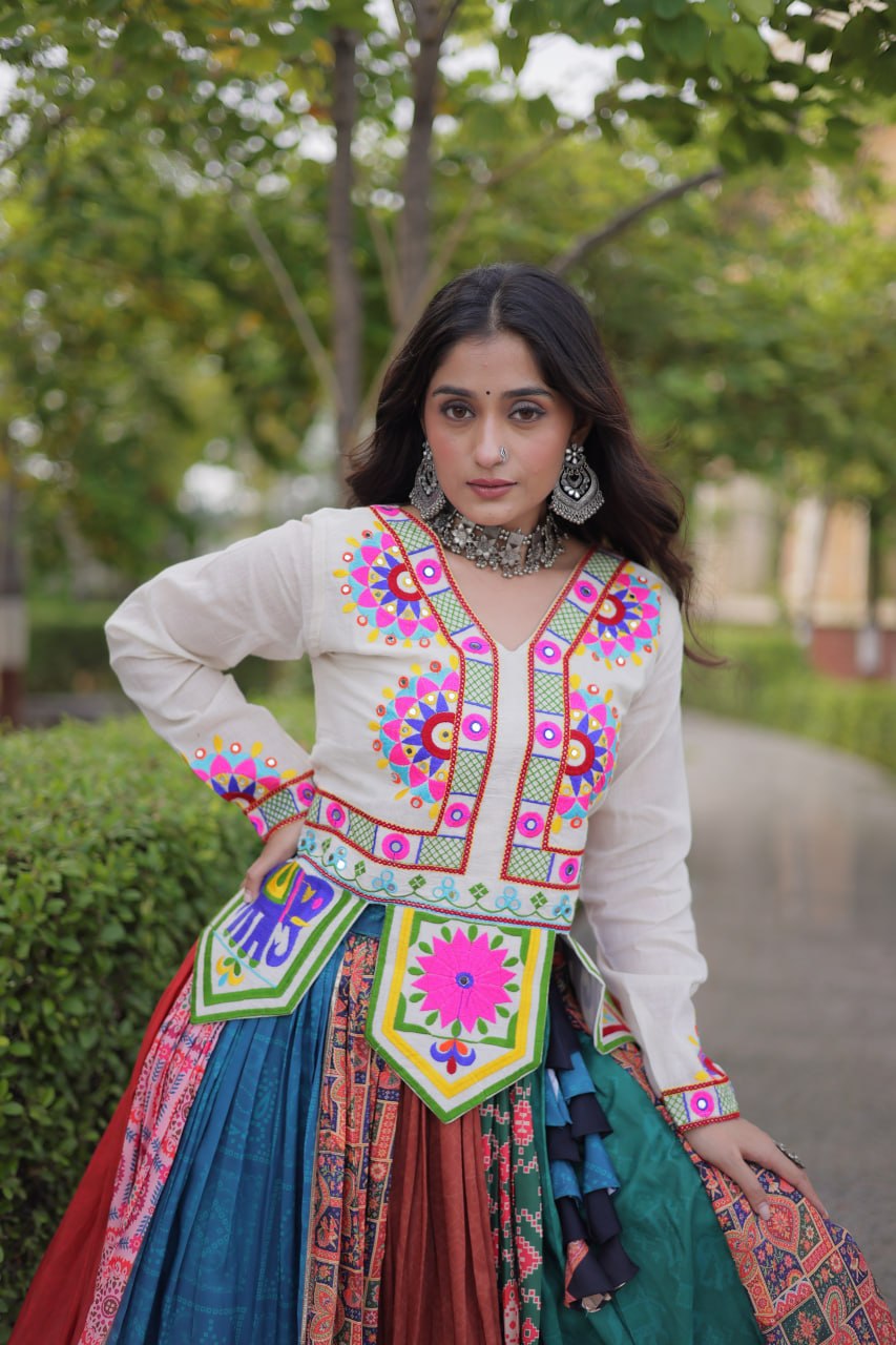 Multicolor Kutchi Gamthi Printed Lehenga Choli with Mirror & Gota Work