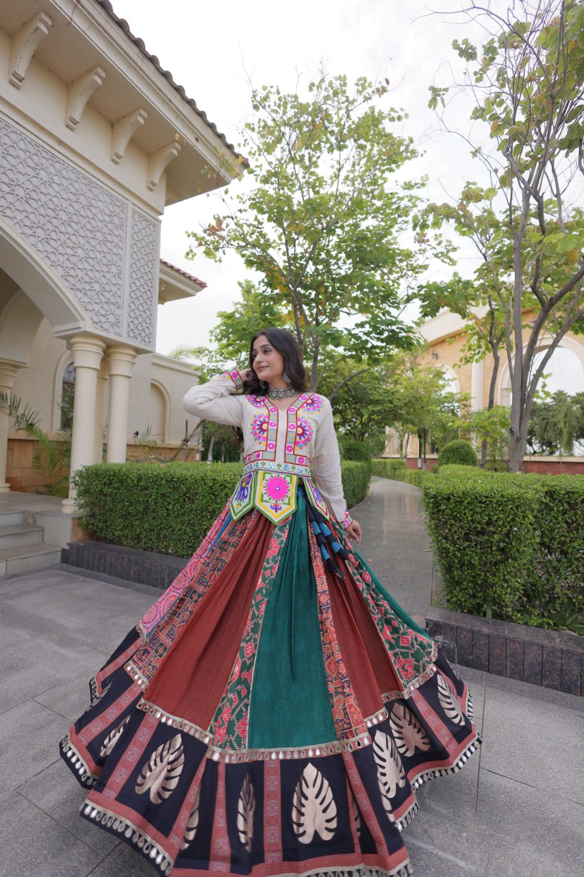 Multicolor Kutchi Gamthi Printed Lehenga Choli with Mirror & Gota Work