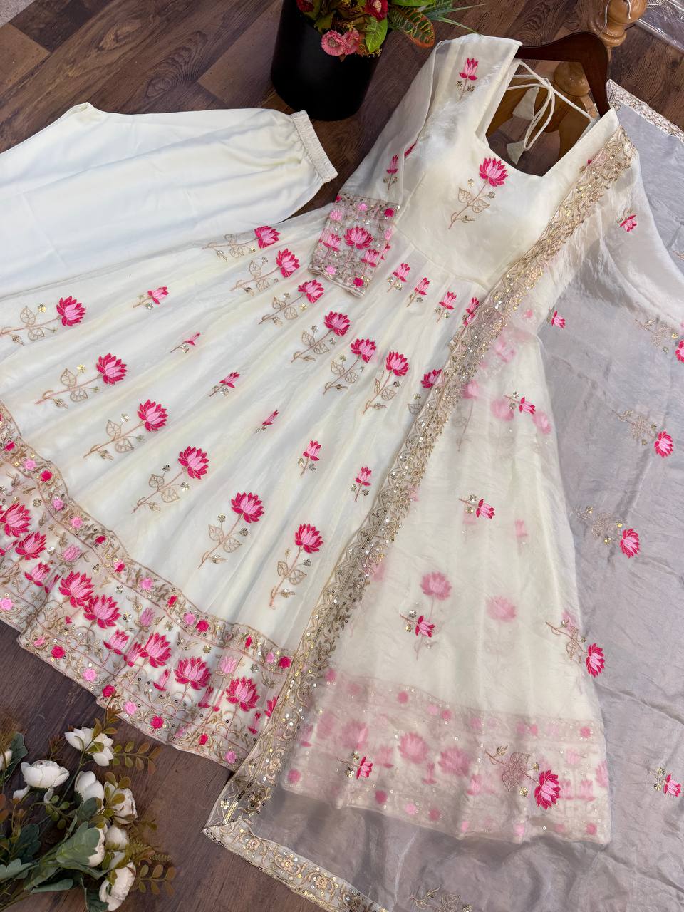 Ivory White & Pink Fendy Silk Embroidered Gown Set with Dupatta