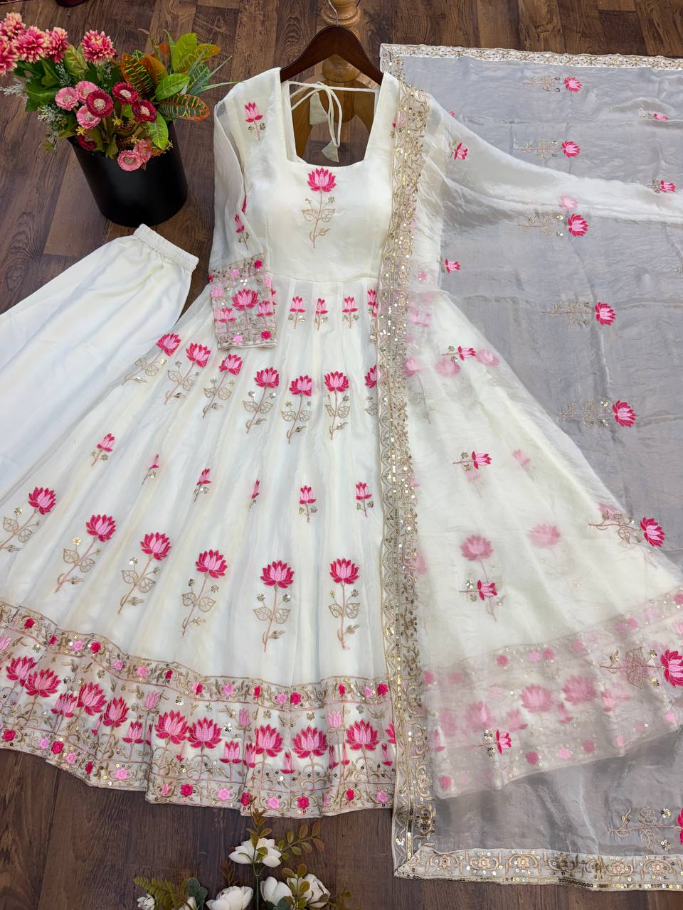 Ivory White & Pink Fendy Silk Embroidered Gown Set with Dupatta