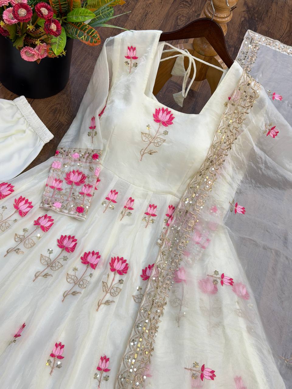 Ivory White & Pink Fendy Silk Embroidered Gown Set with Dupatta