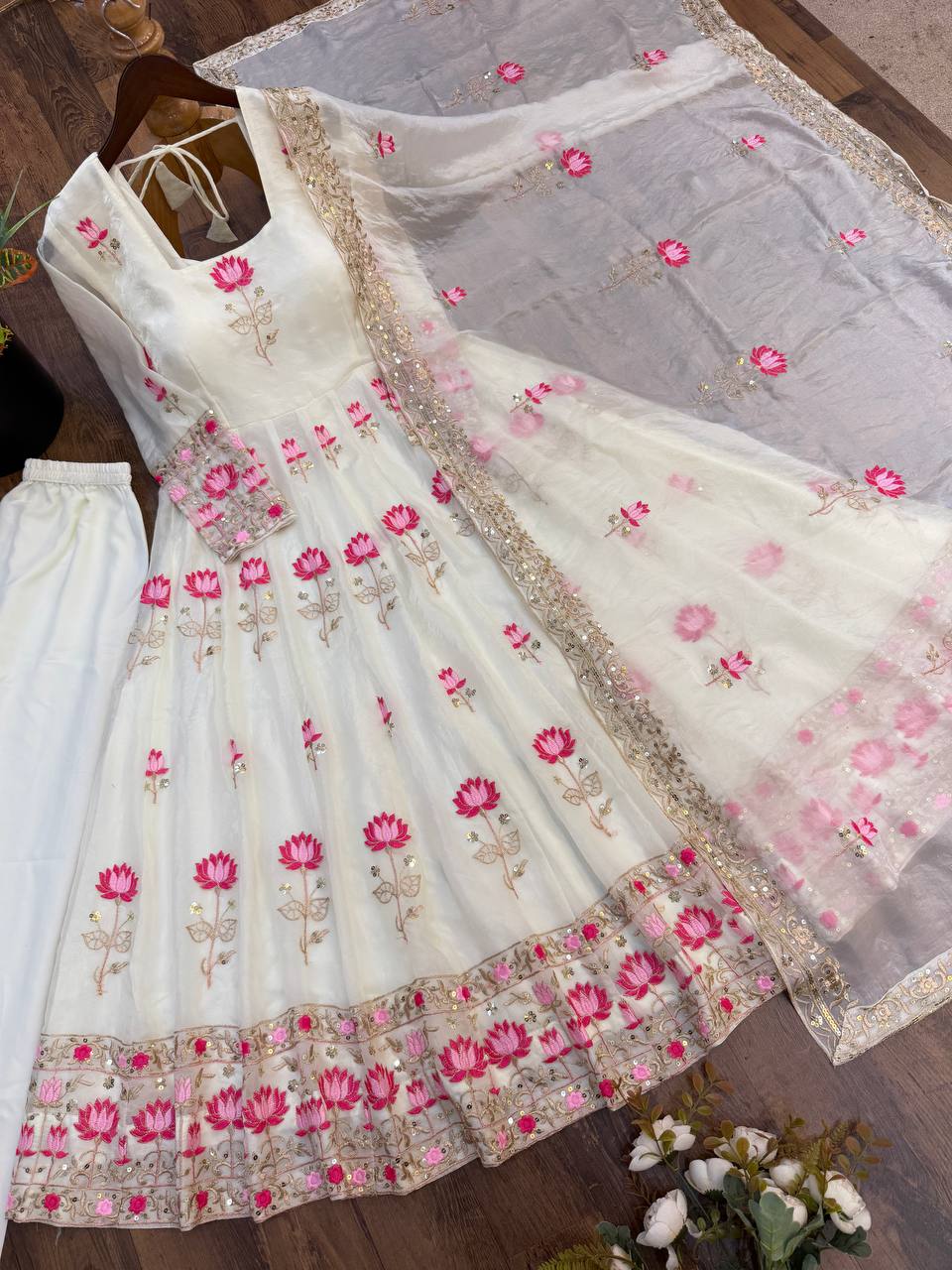 Ivory White & Pink Fendy Silk Embroidered Gown Set with Dupatta
