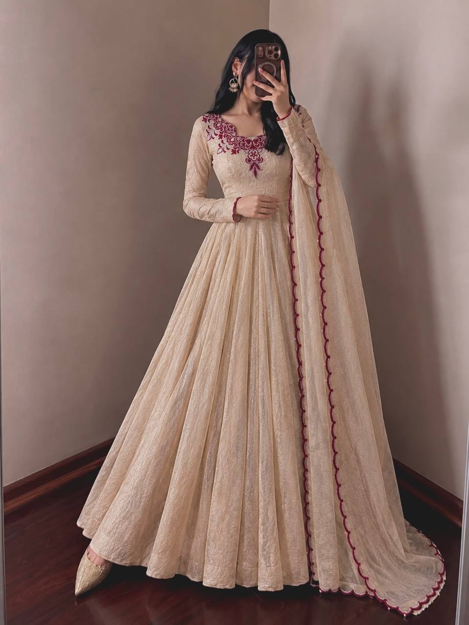 Ivory Beige Doremon Crush 7 Meter Flair Embroidered Anarkali Suit Set