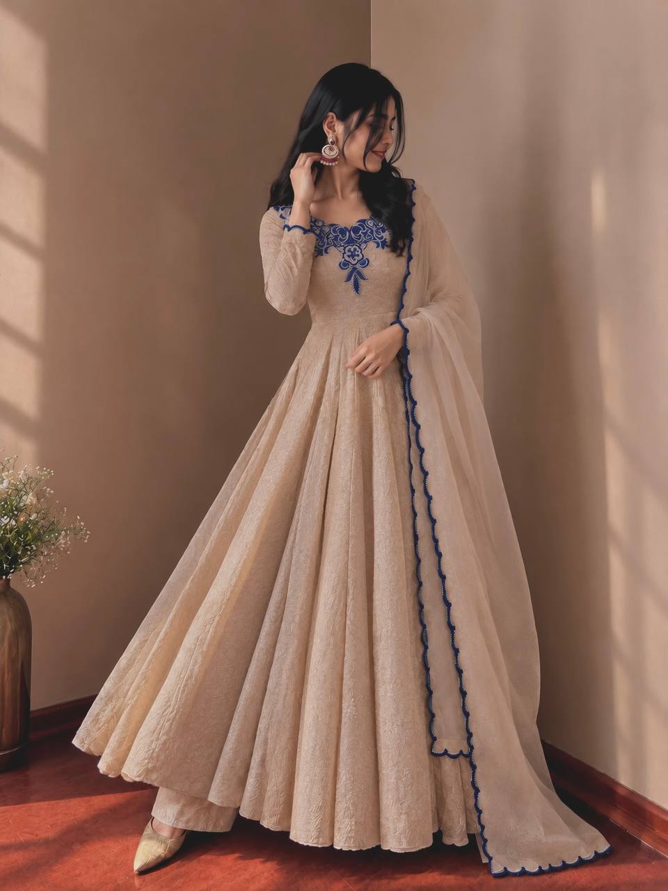 Champagne Beige Doremon Crush 7 Meter Flair Embroidered Anarkali Suit Set