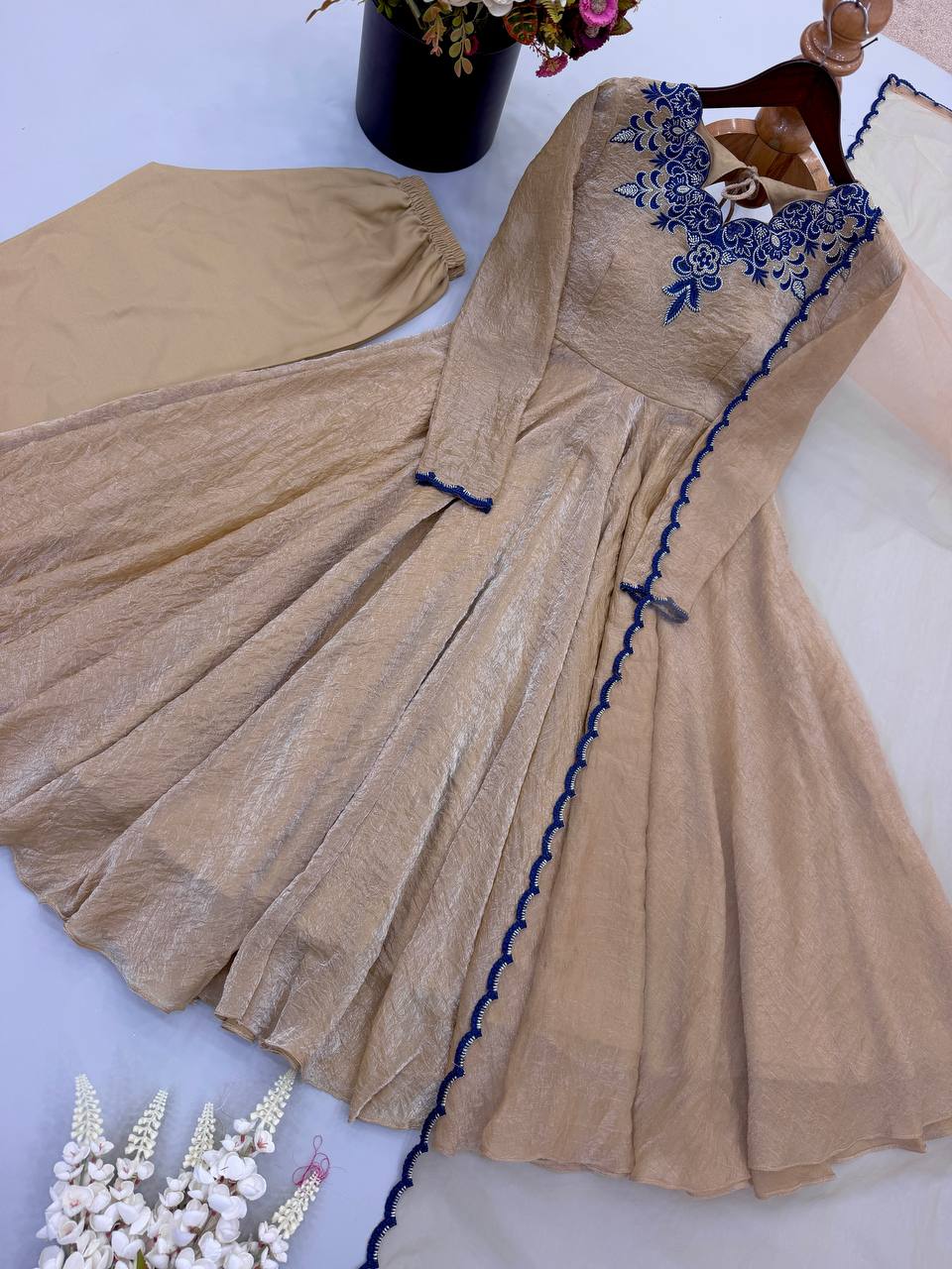 Champagne Beige Doremon Crush 7 Meter Flair Embroidered Anarkali Suit Set