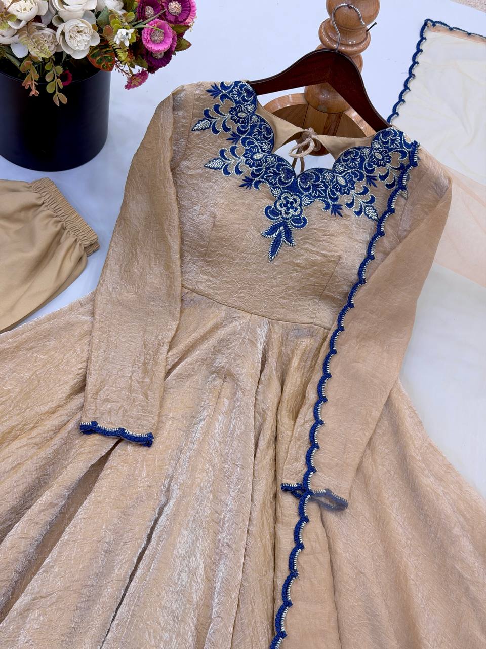 Champagne Beige Doremon Crush 7 Meter Flair Embroidered Anarkali Suit Set