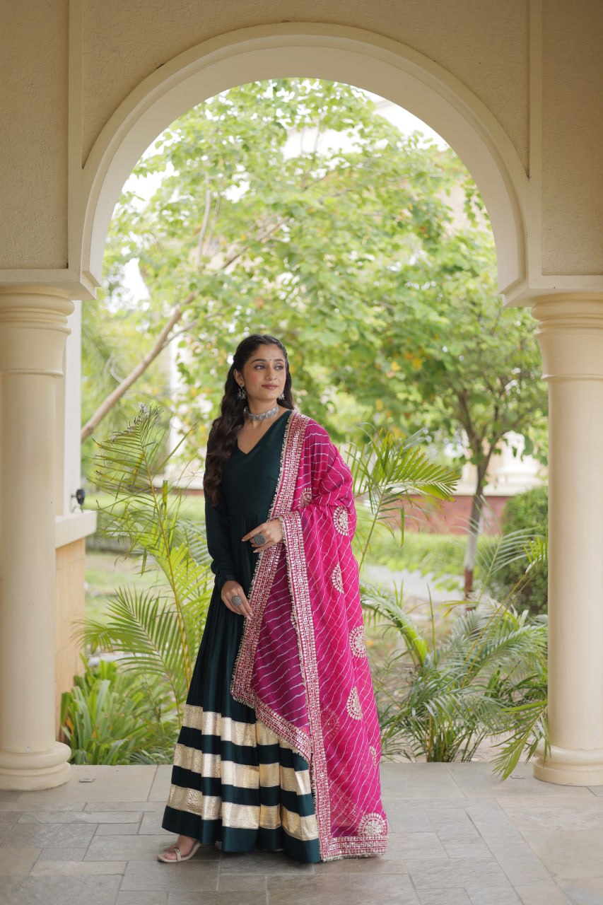 Rama Green Reyon Gota Patti Anarkali Gown with Leheriya Dupatta