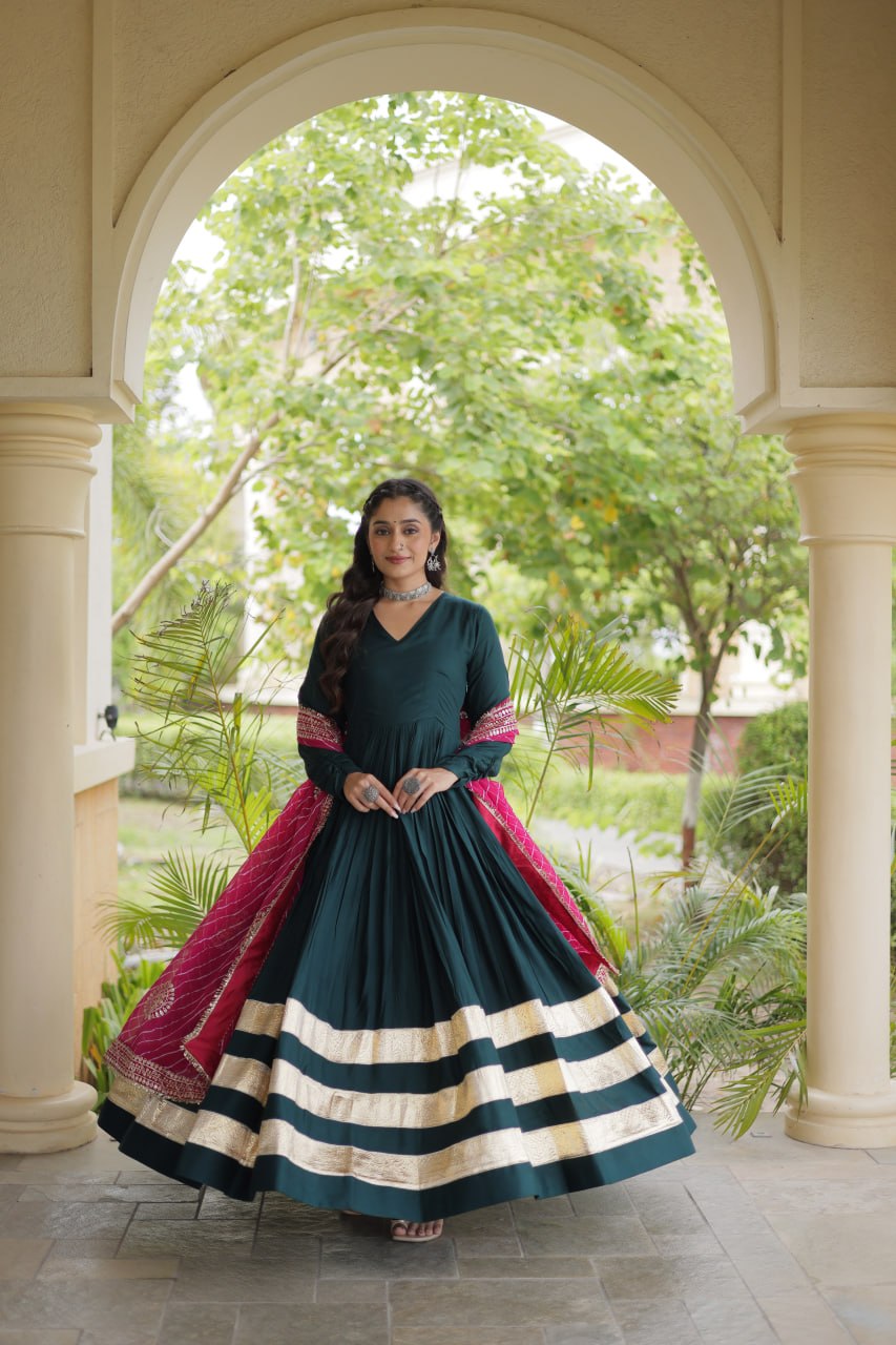 Rama Green Reyon Gota Patti Anarkali Gown with Leheriya Dupatta