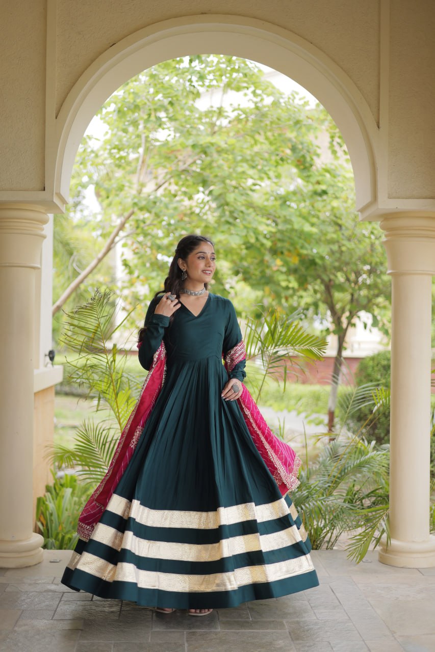 Rama Green Reyon Gota Patti Anarkali Gown with Leheriya Dupatta