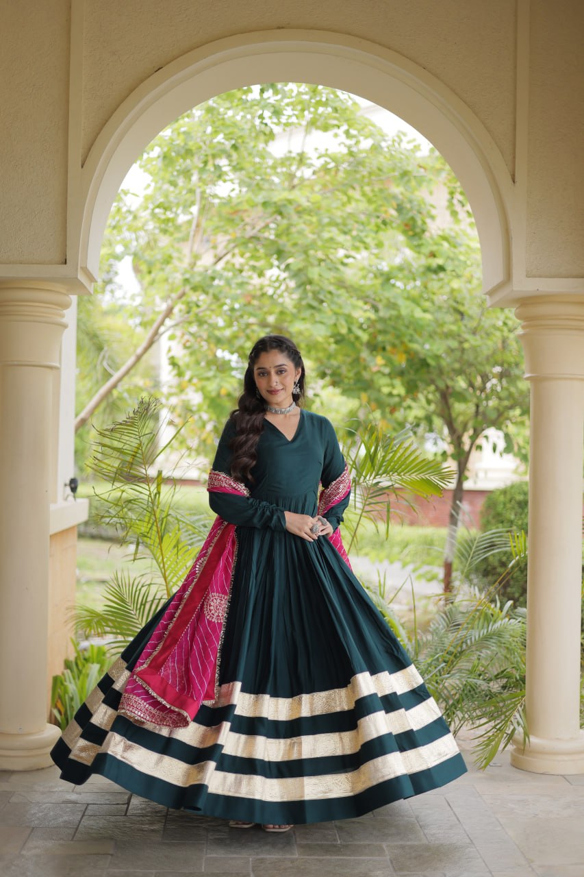 Rama Green Reyon Gota Patti Anarkali Gown with Leheriya Dupatta