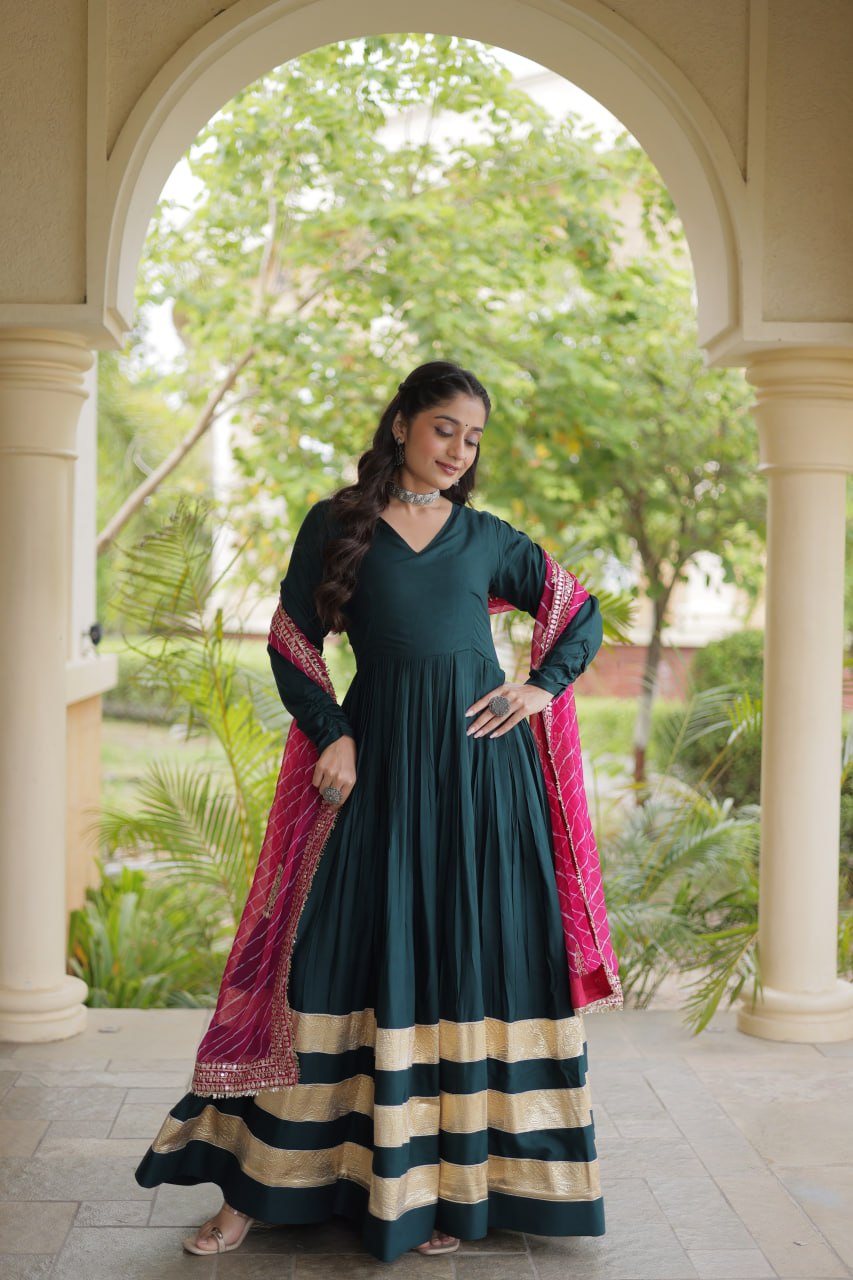 Rama Green Reyon Gota Patti Anarkali Gown with Leheriya Dupatta