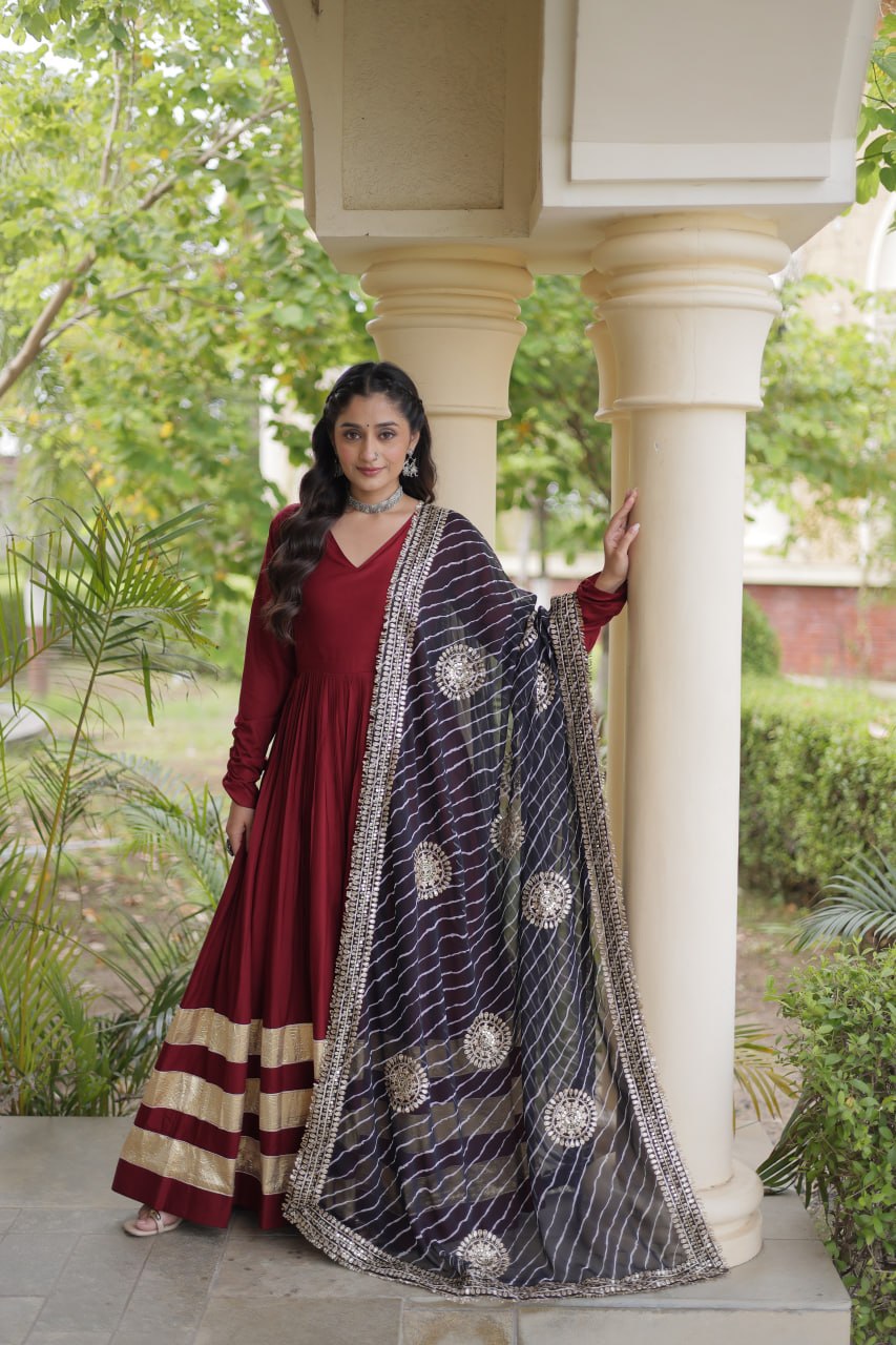 Maroon Reyon Gota Patti Anarkali Gown with Black Leheriya Dupatta