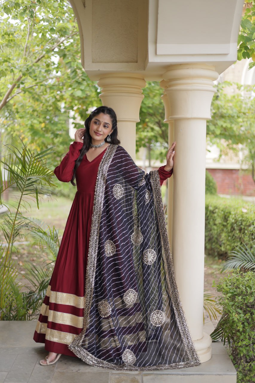 Maroon Reyon Gota Patti Anarkali Gown with Black Leheriya Dupatta