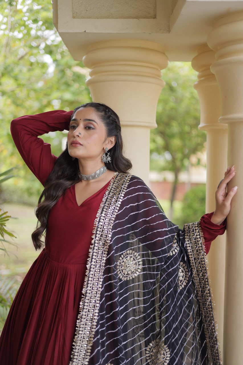 Maroon Reyon Gota Patti Anarkali Gown with Black Leheriya Dupatta