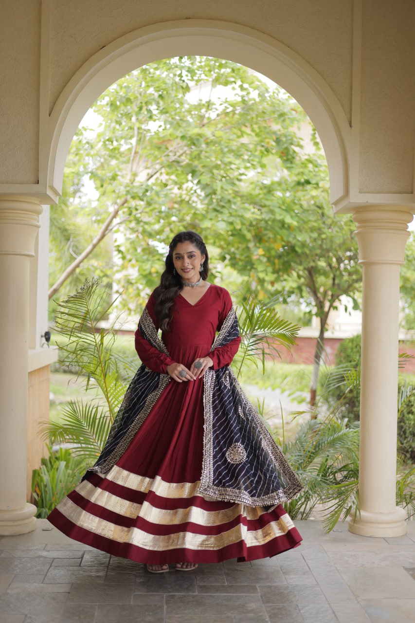 Maroon Reyon Gota Patti Anarkali Gown with Black Leheriya Dupatta