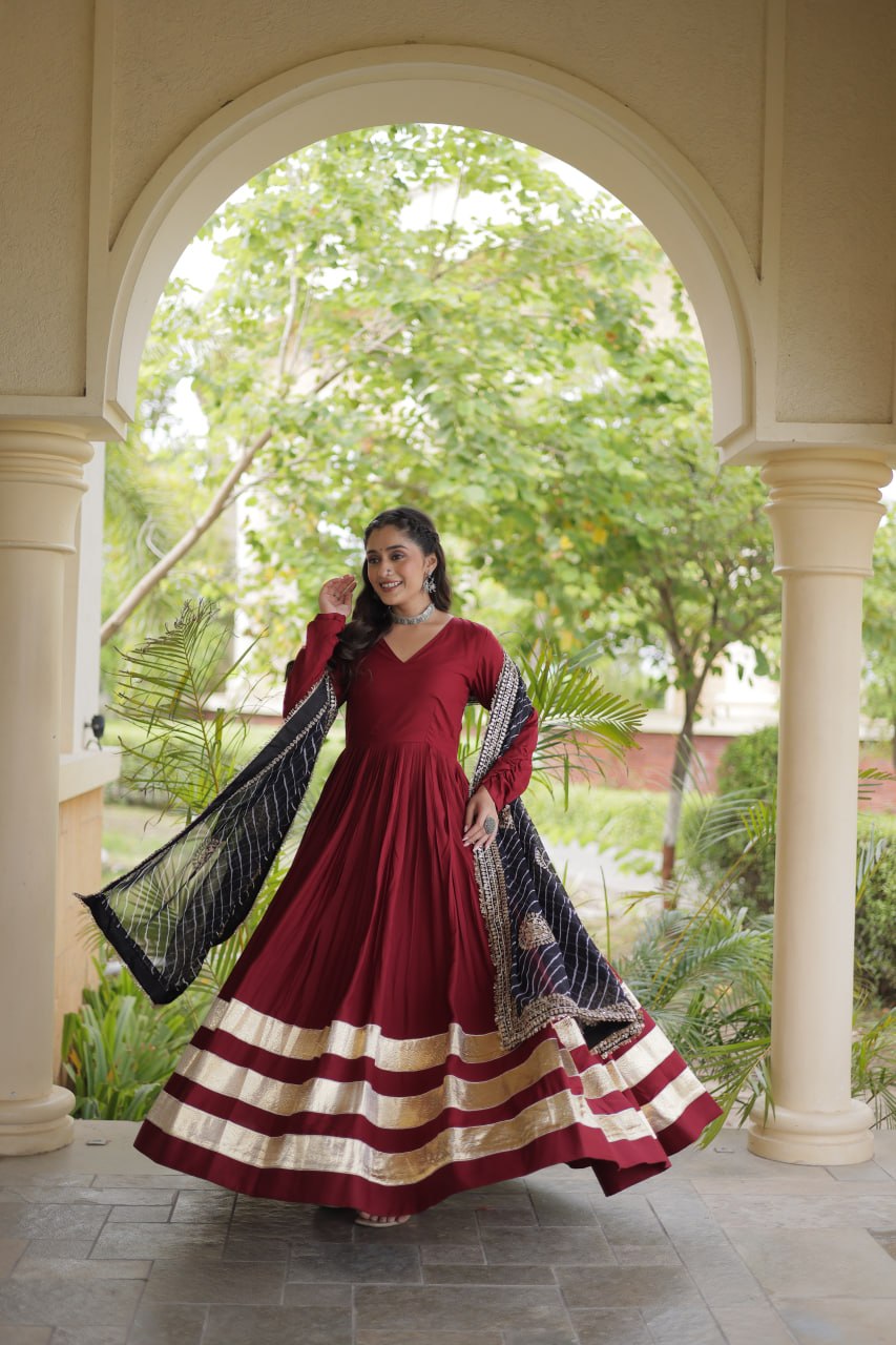Maroon Reyon Gota Patti Anarkali Gown with Black Leheriya Dupatta