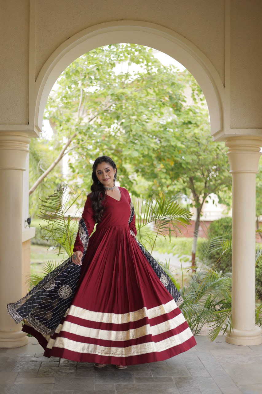 Maroon Reyon Gota Patti Anarkali Gown with Black Leheriya Dupatta