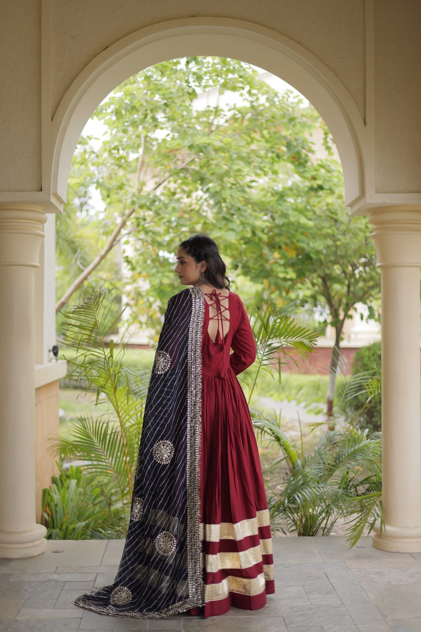 Maroon Reyon Gota Patti Anarkali Gown with Black Leheriya Dupatta