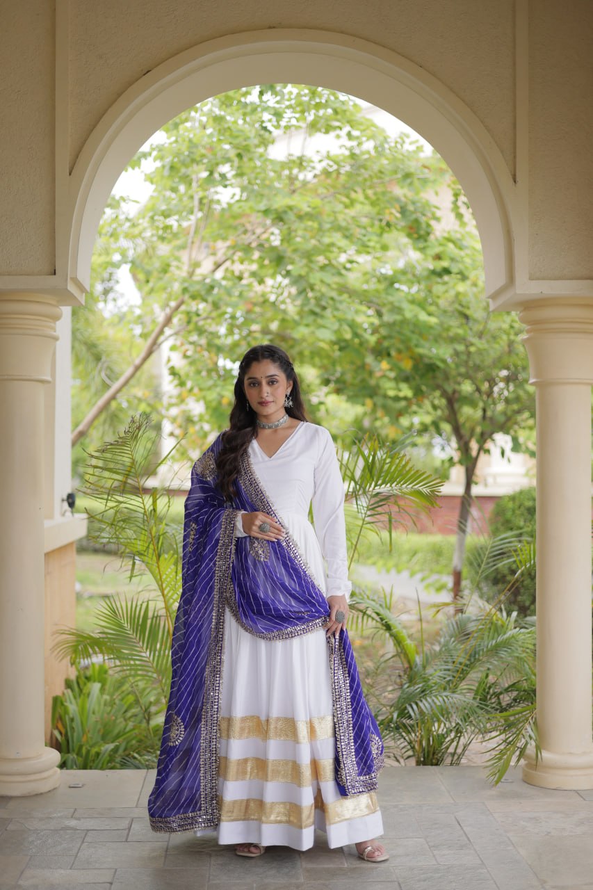 Royal Purple & White Reyon Gown with Leheriya Dupatta