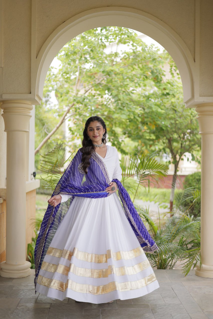 Royal Purple & White Reyon Gown with Leheriya Dupatta