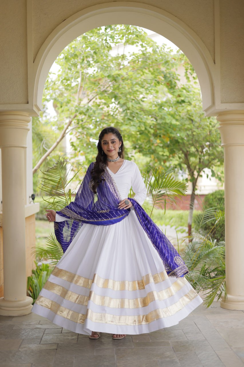 Royal Purple & White Reyon Gown with Leheriya Dupatta