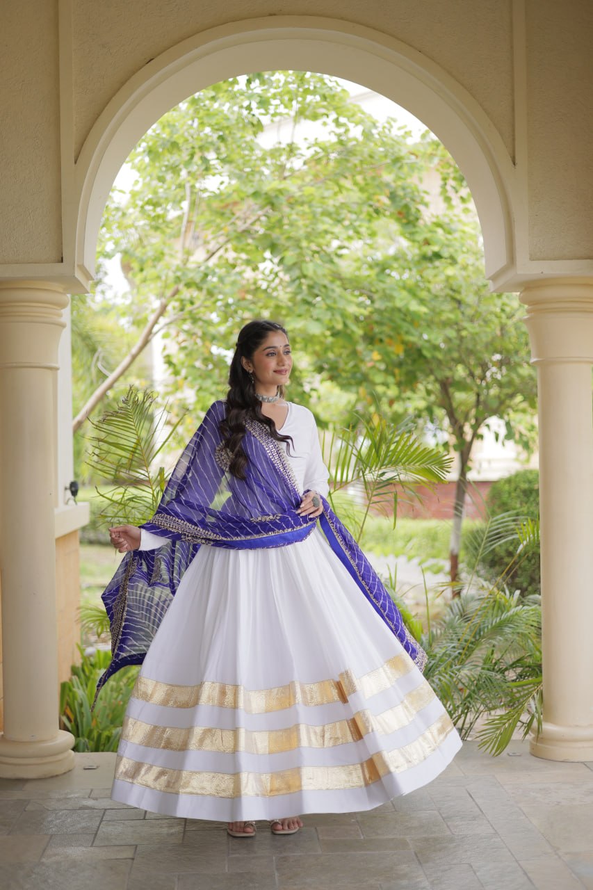 Royal Purple & White Reyon Gown with Leheriya Dupatta