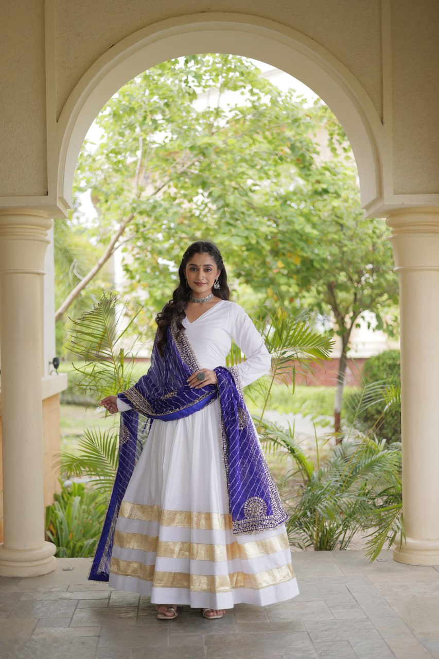 Royal Purple & White Reyon Gown with Leheriya Dupatta