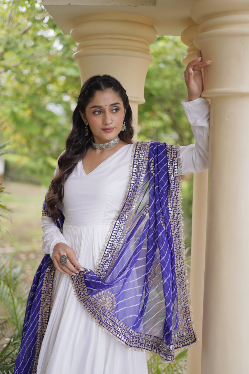 Royal Purple & White Reyon Gown with Leheriya Dupatta