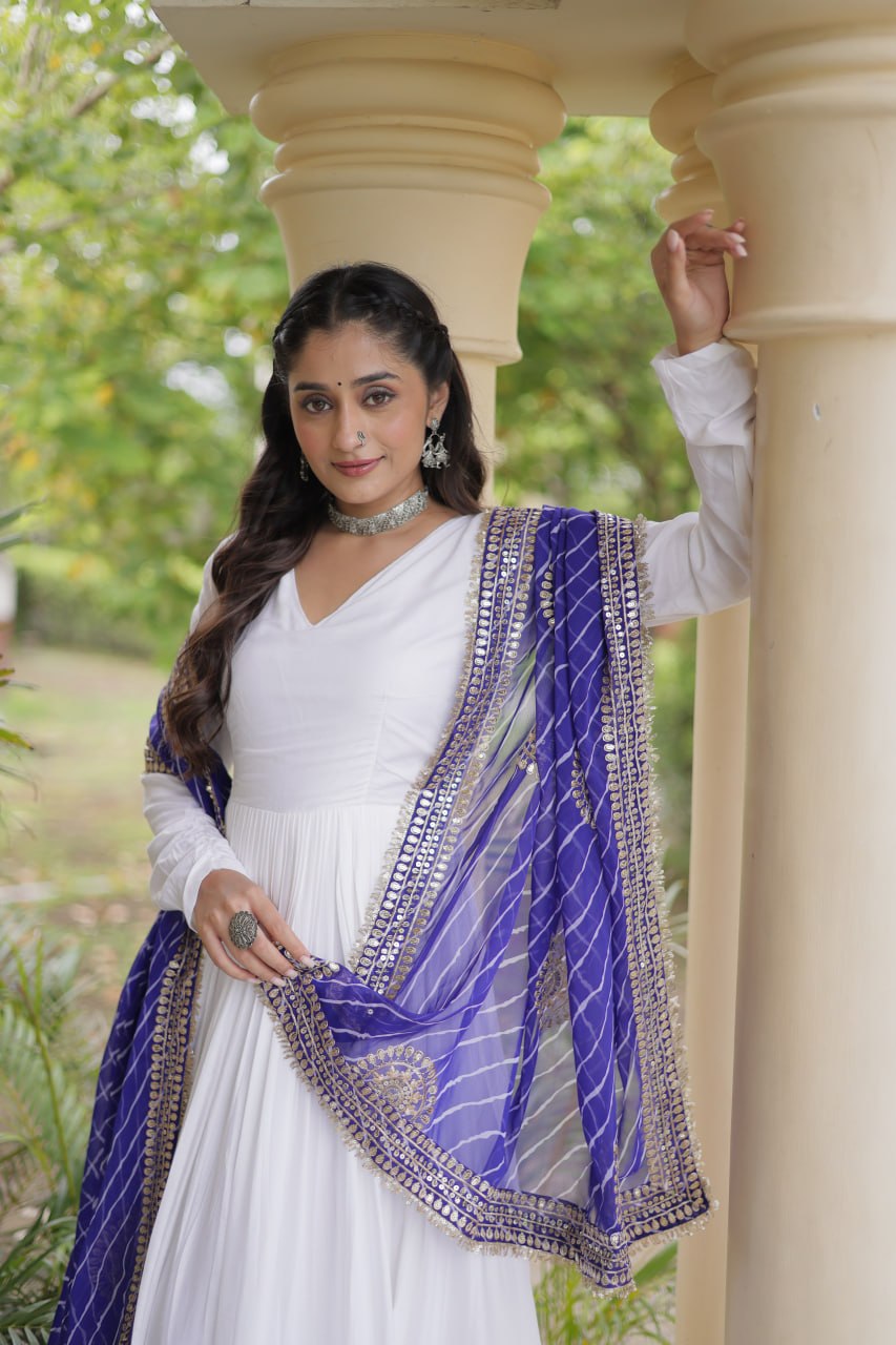 Royal Purple & White Reyon Gown with Leheriya Dupatta