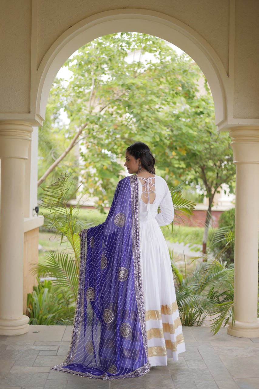 Royal Purple & White Reyon Gown with Leheriya Dupatta