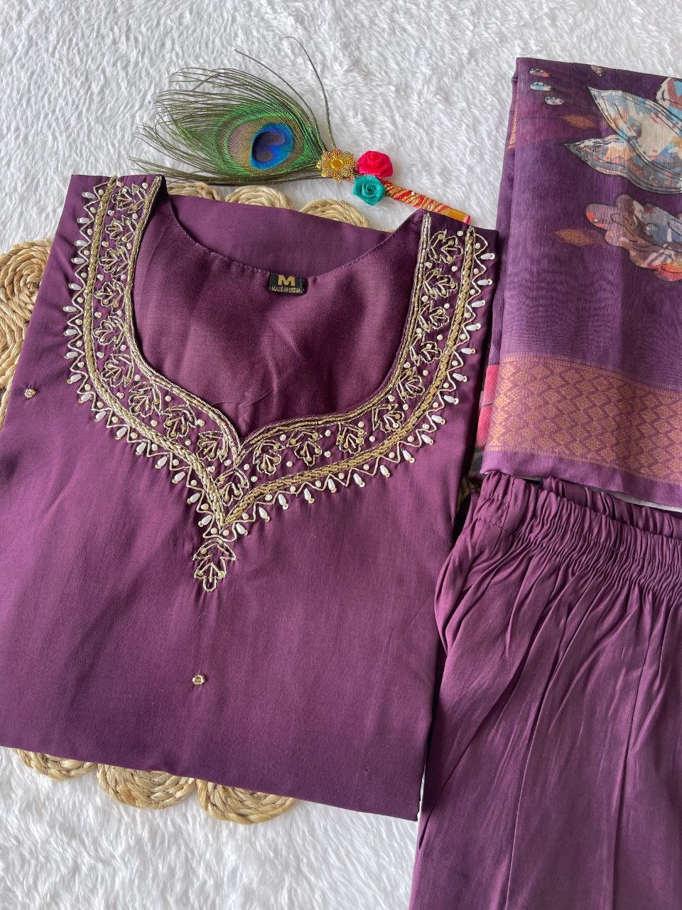 Purple Rakhi Special Kurta Pant Dupatta Set