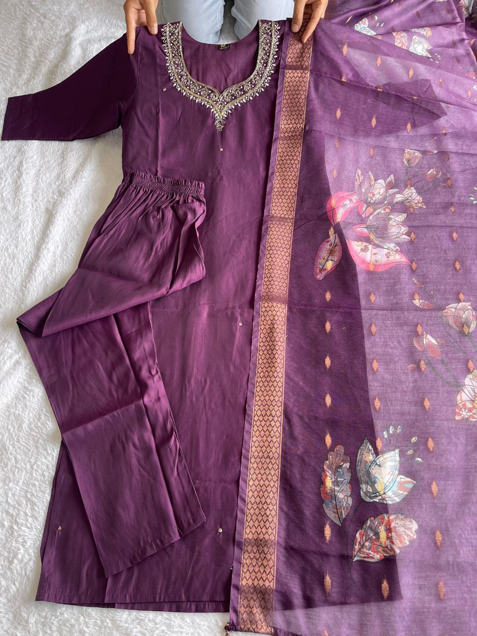 Purple Rakhi Special Kurta Pant Dupatta Set