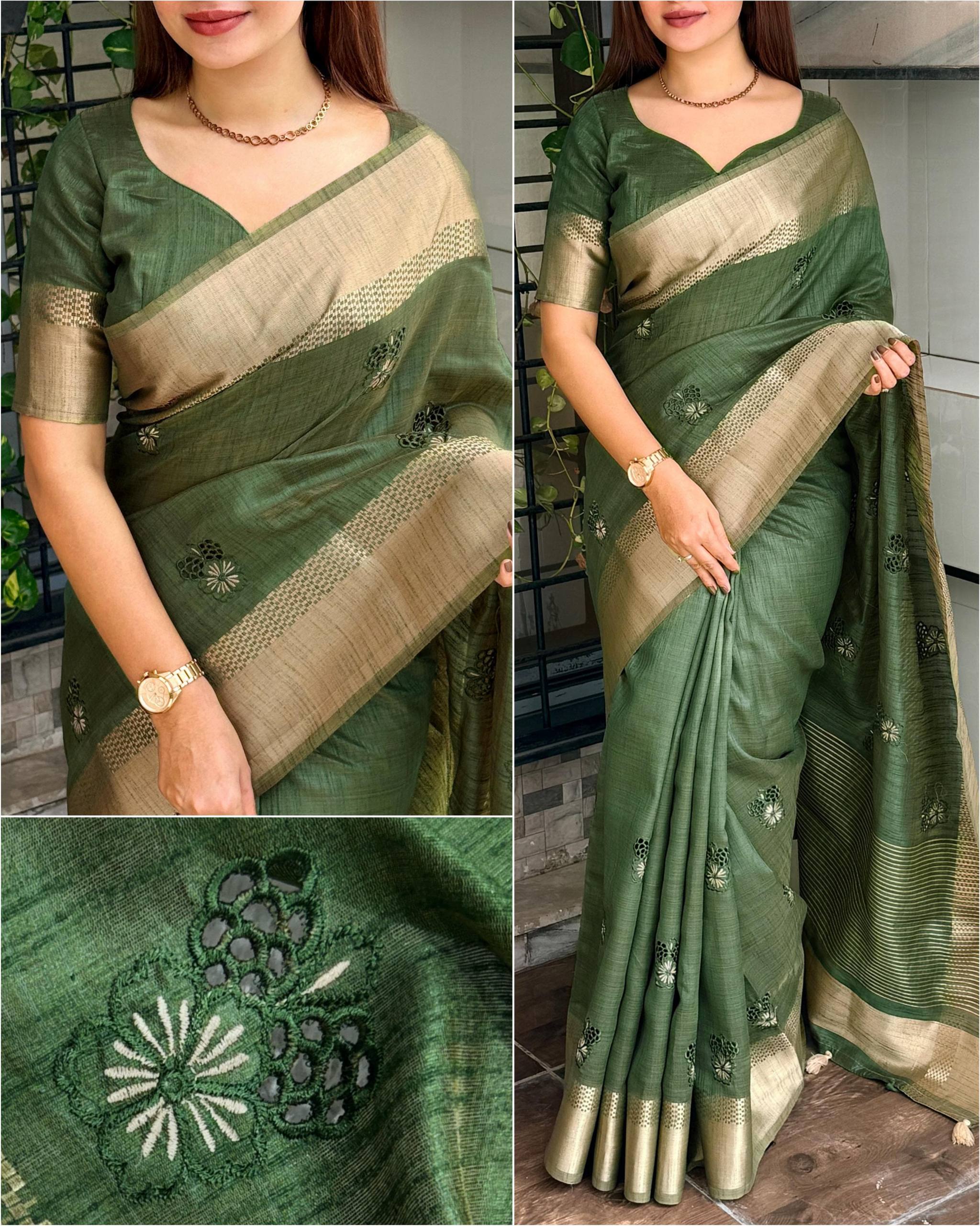 Olive Green Assam Silk Embroidered Saree with Zari Border | Traditional Festive Saree