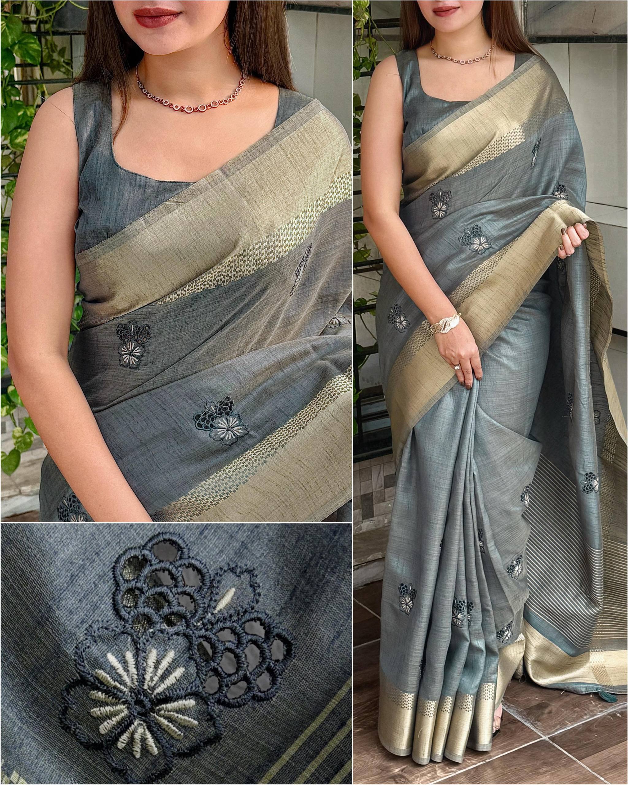 Steel Grey Assam Silk Embroidered Saree with Zari Border | Traditional Festive Saree