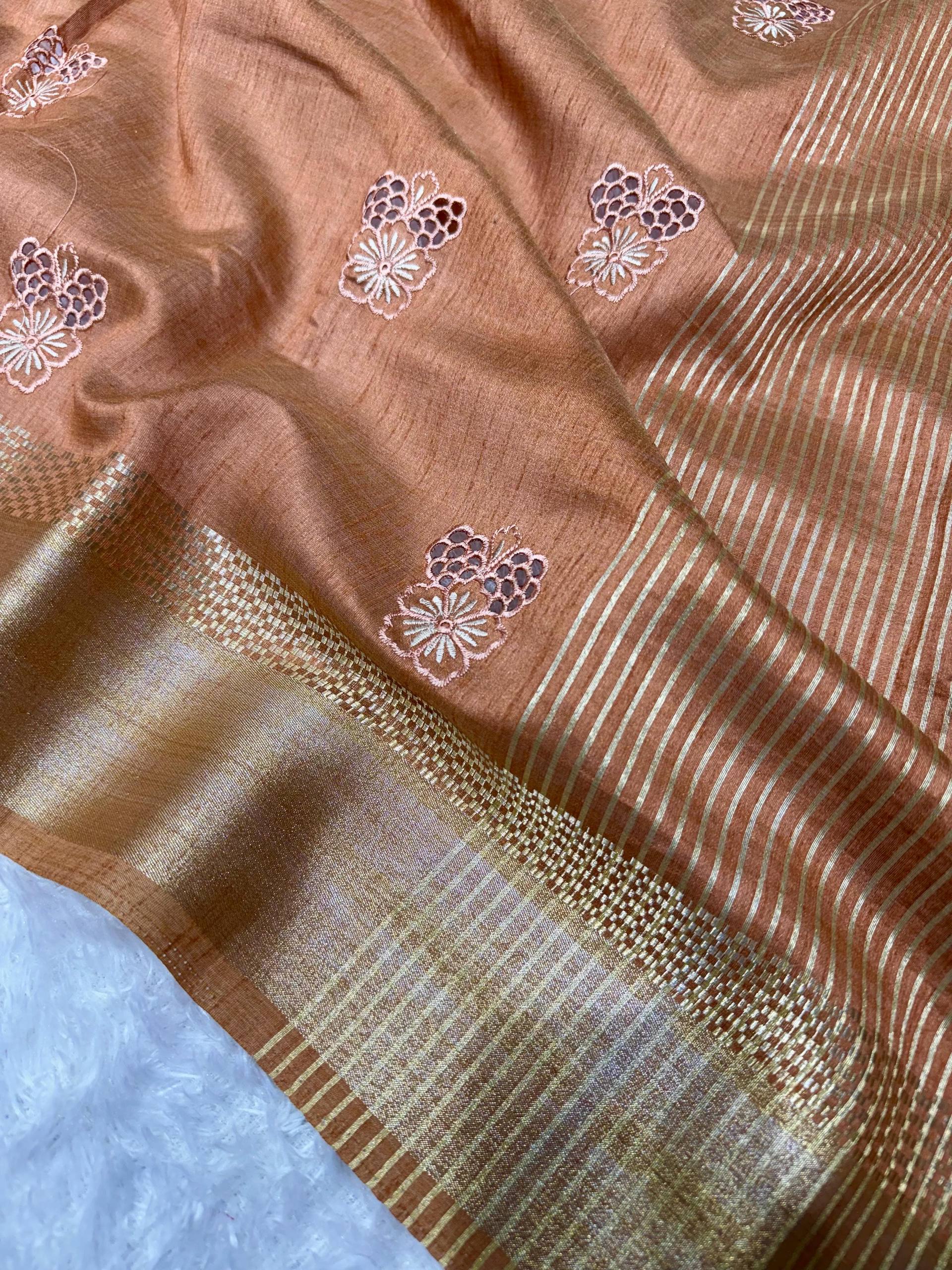 Copper Brown Assam Silk Embroidered Saree with Zari Border | Traditional Festive Saree