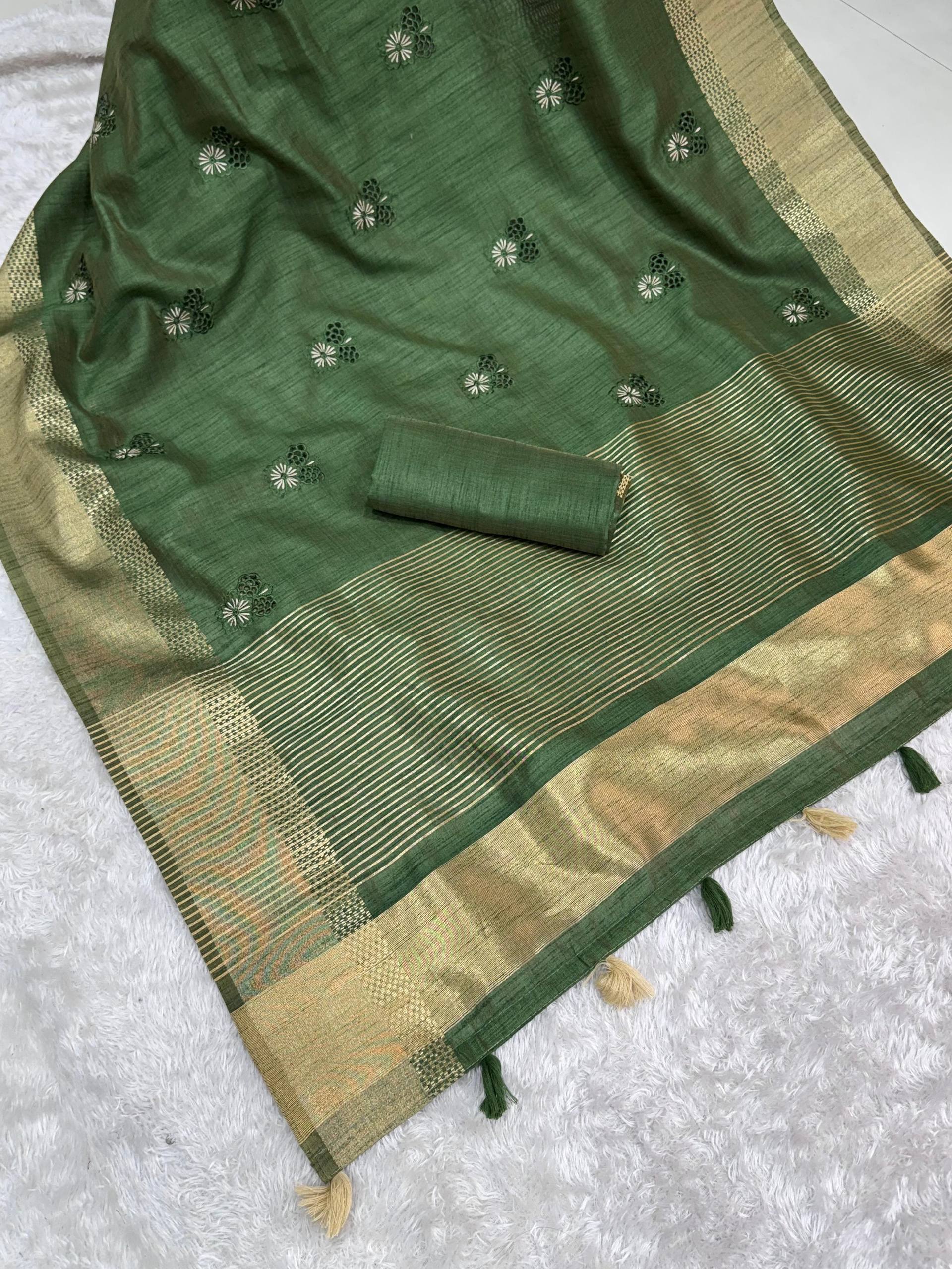 Olive Green Assam Silk Embroidered Saree with Zari Border | Traditional Festive Saree