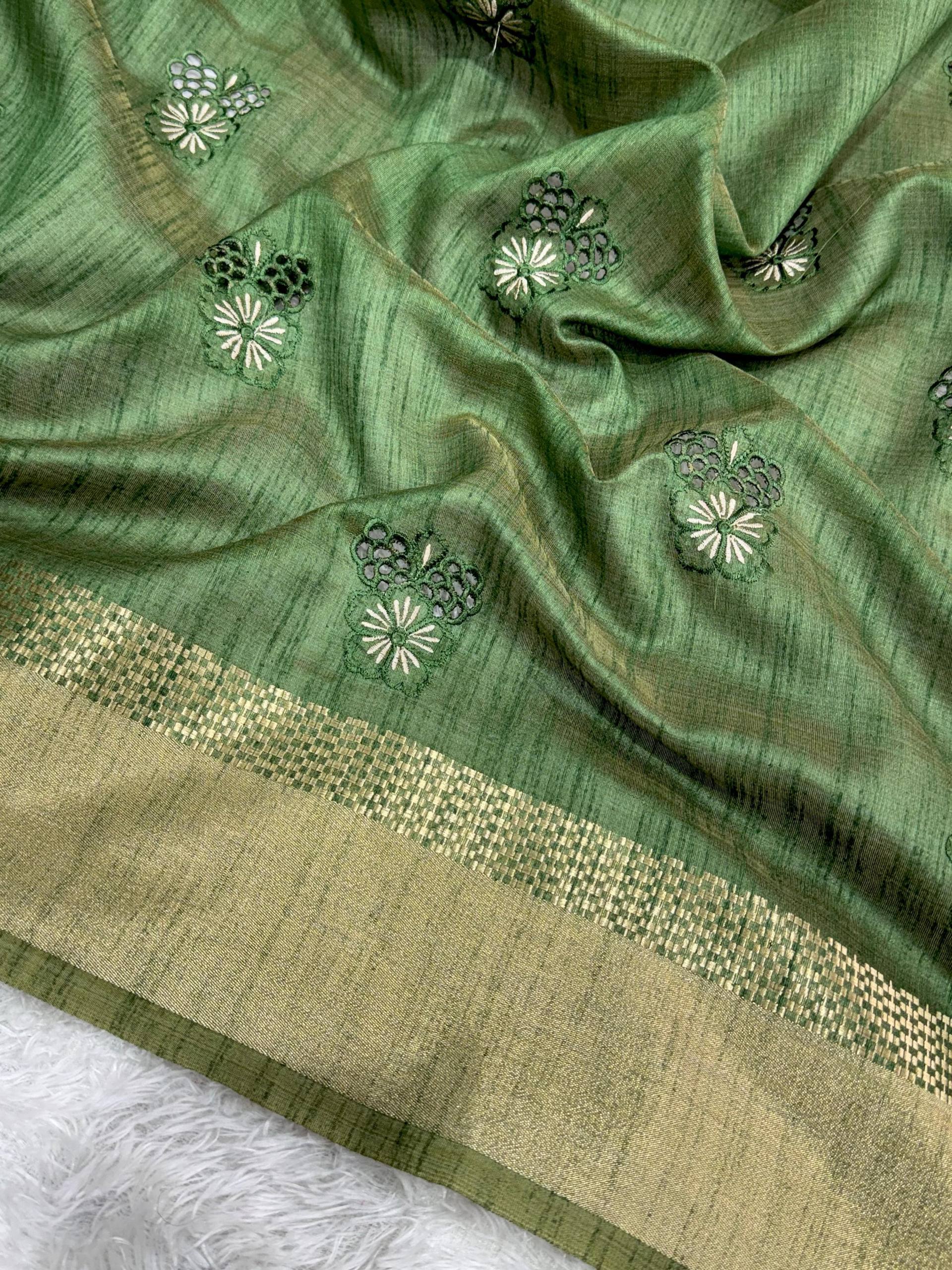 Olive Green Assam Silk Embroidered Saree with Zari Border | Traditional Festive Saree