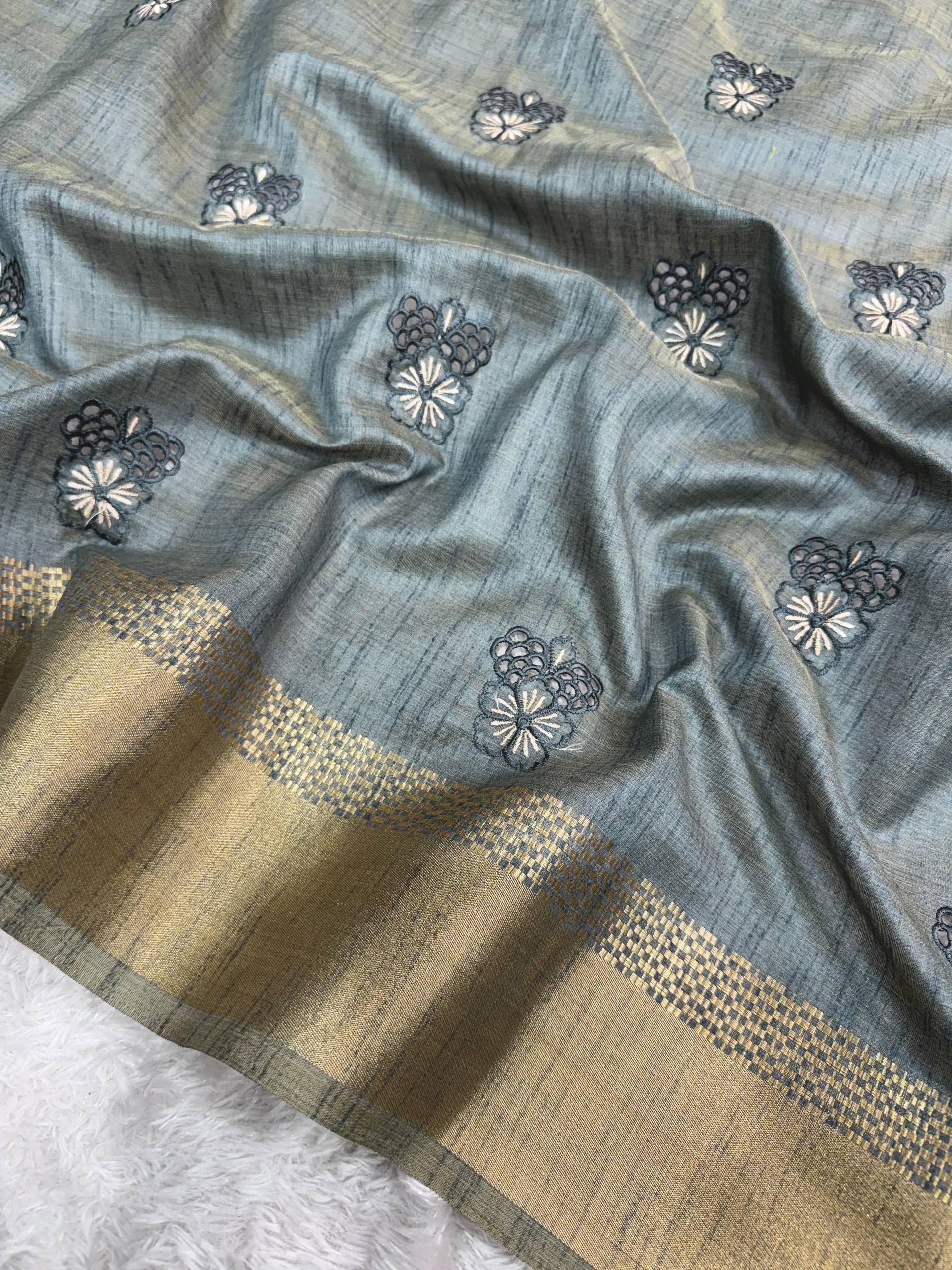 Steel Grey Assam Silk Embroidered Saree with Zari Border | Traditional Festive Saree