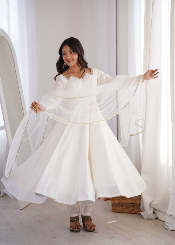 White Designer Anarkali Gown Set | Nardev Fashion