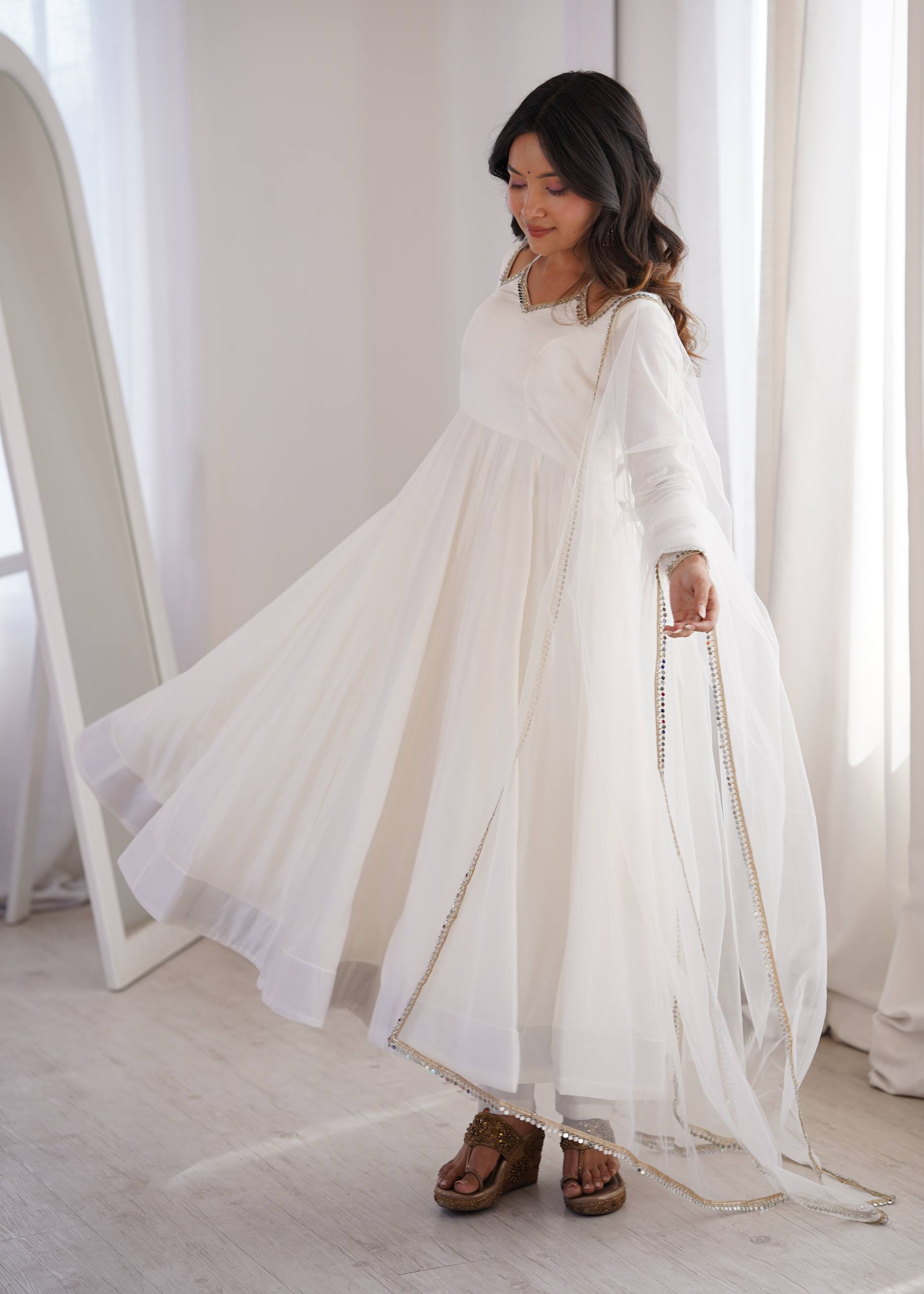 White Designer Anarkali Gown Set | Nardev Fashion